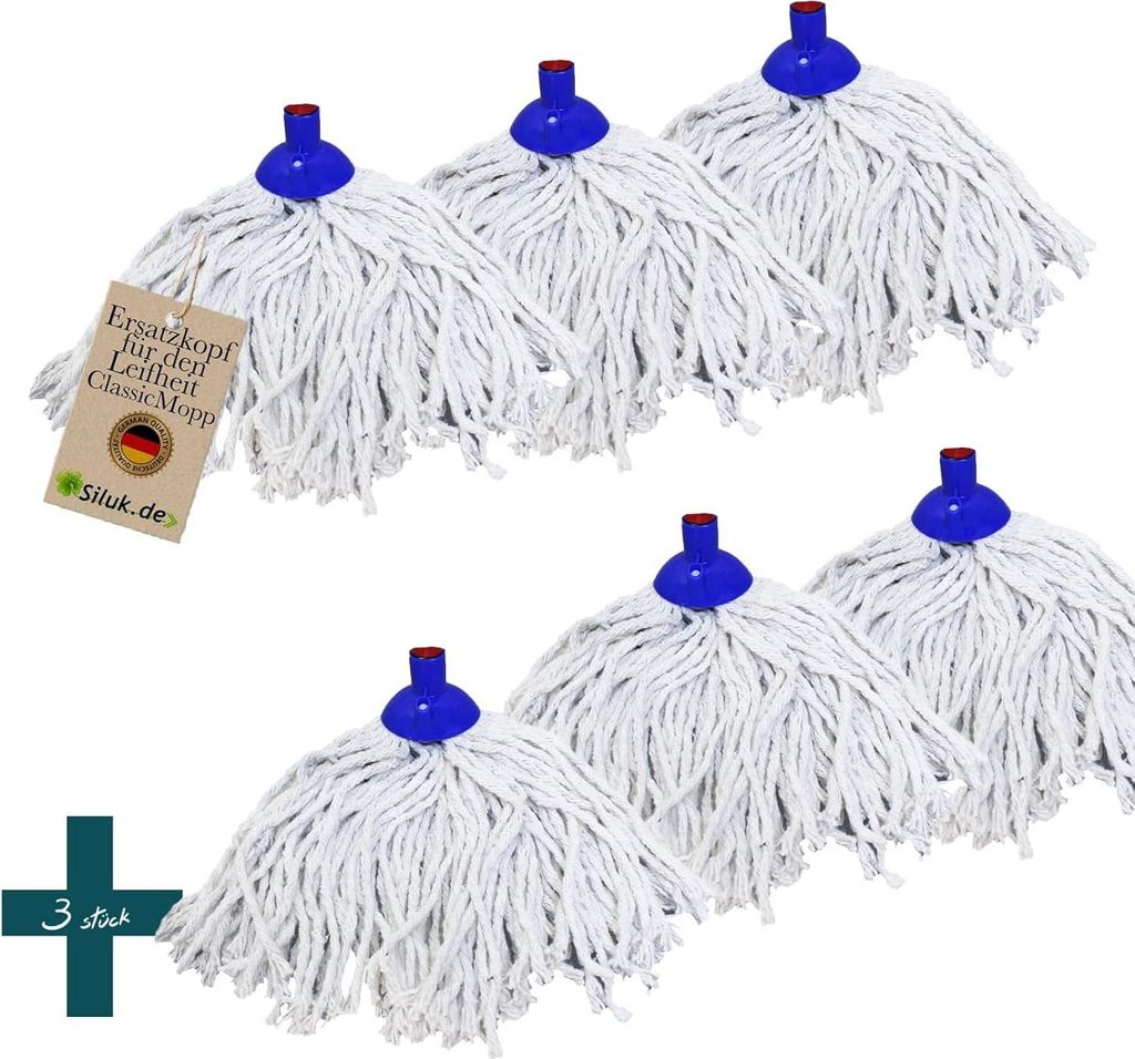 A group of mop heads arranged in a grid on a white background.