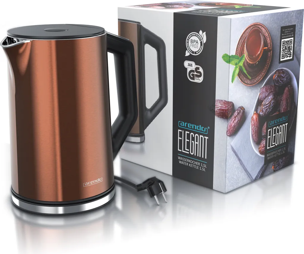 Bollitore Arendo, 1,5 l, 2200 W, acciaio inox, doppia parete, impostazione temperatura 40° - 100 °C con display, rame - 6
