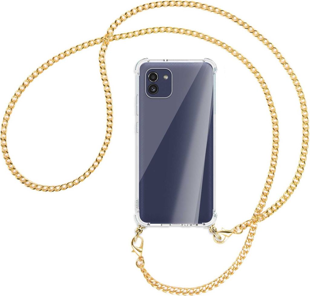 Handykette Backcover-Schutzhülle mit Band (Metall goldfarben) für Samsung Galaxy A03 4G - goldfarbene Kette