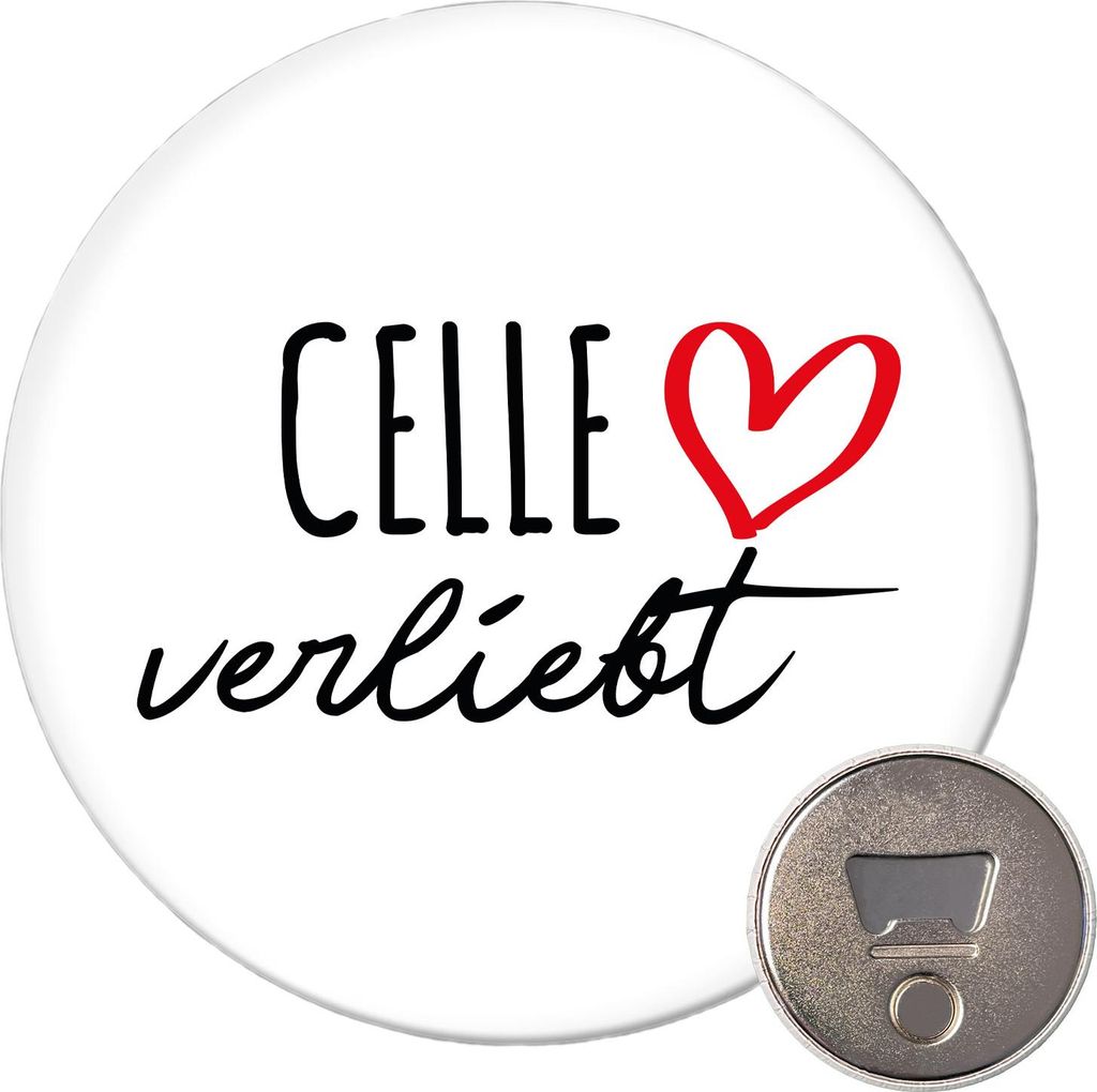Huuraa Magnet Celle verliebt 59mm Kühlschrankmagnet rund Flaschenöffner Geschenkidee