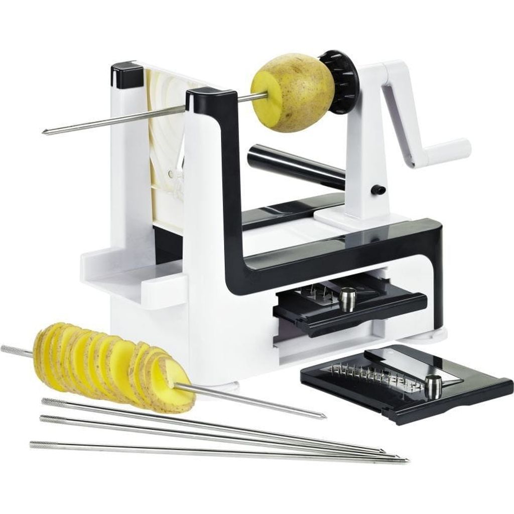 A potato spiralizer with a potato attached and sliced potatoes on skewers.