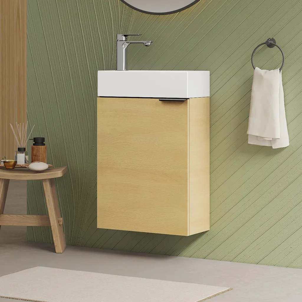 Meuble lave-mains chêne naturel avec tablette réglable et mitigeur