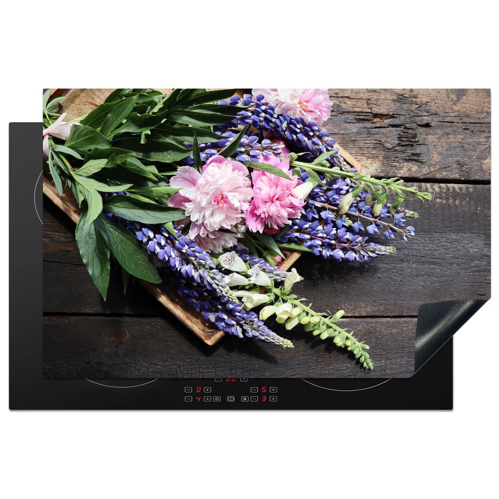 KitchenYeah Herdabdeckplatte Blumen - Vintage - Holz , 81x52cm, Küche Deko, Glaskeramikkochfeld Herdabdeckung, Abdeckplatte fùr Kochfeld