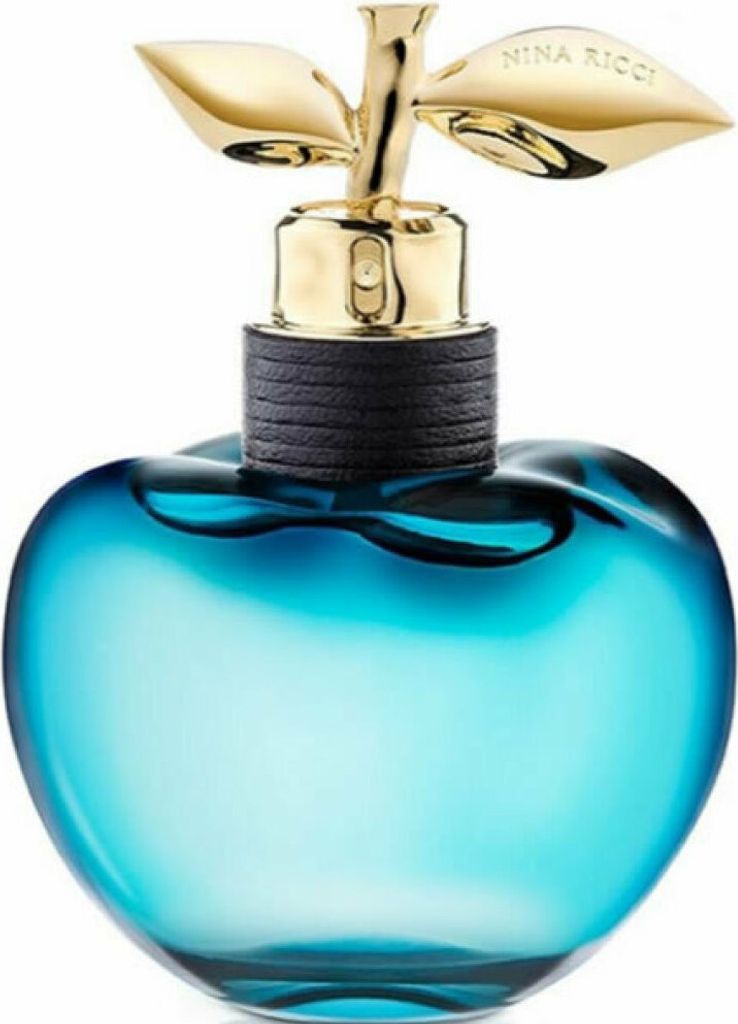 A blue apple-shaped perfume bottle with a gold stem and leaves.