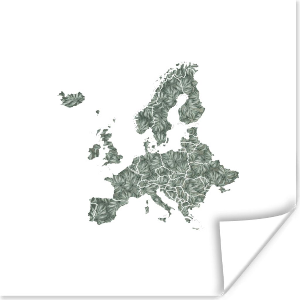 MuchoWow Poster Europa Karte - Blätter - Grau 75x75 cm - Wand Dekoration