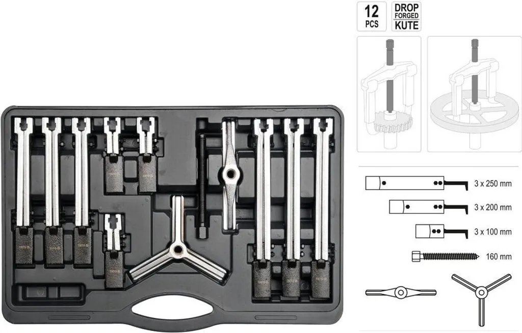 YATO 2/3 braccio estrattore universale interno cuscinetto estrattore cuscinetto a sfera 12 pezzi kit rimozione ammaccature 100-250mm