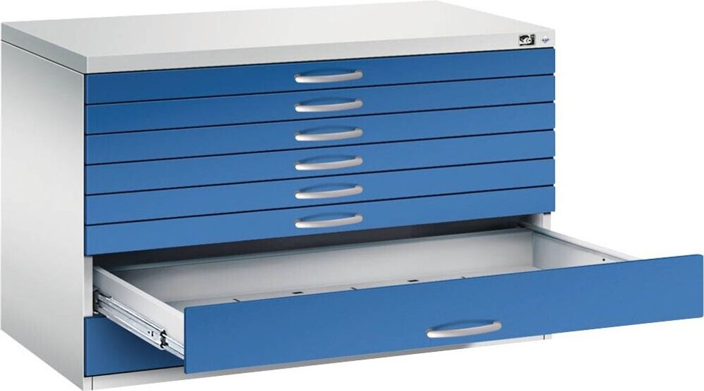CP 7100 Planschrank lichtgrau, enzianblau 8 Schubladen 110,0 x 76,5 x 76,0 cm