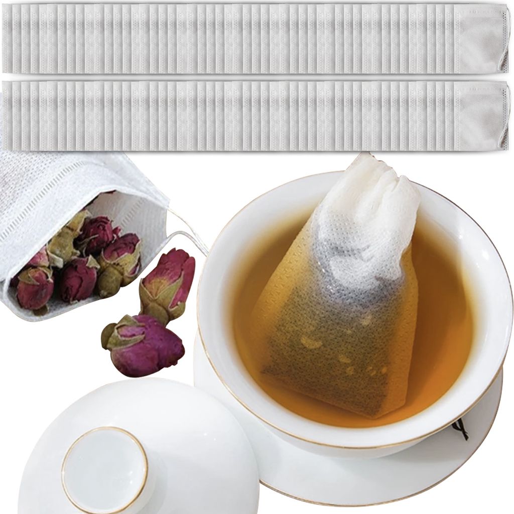 A collage showing tea bags, dried rose buds, and a cup of tea.