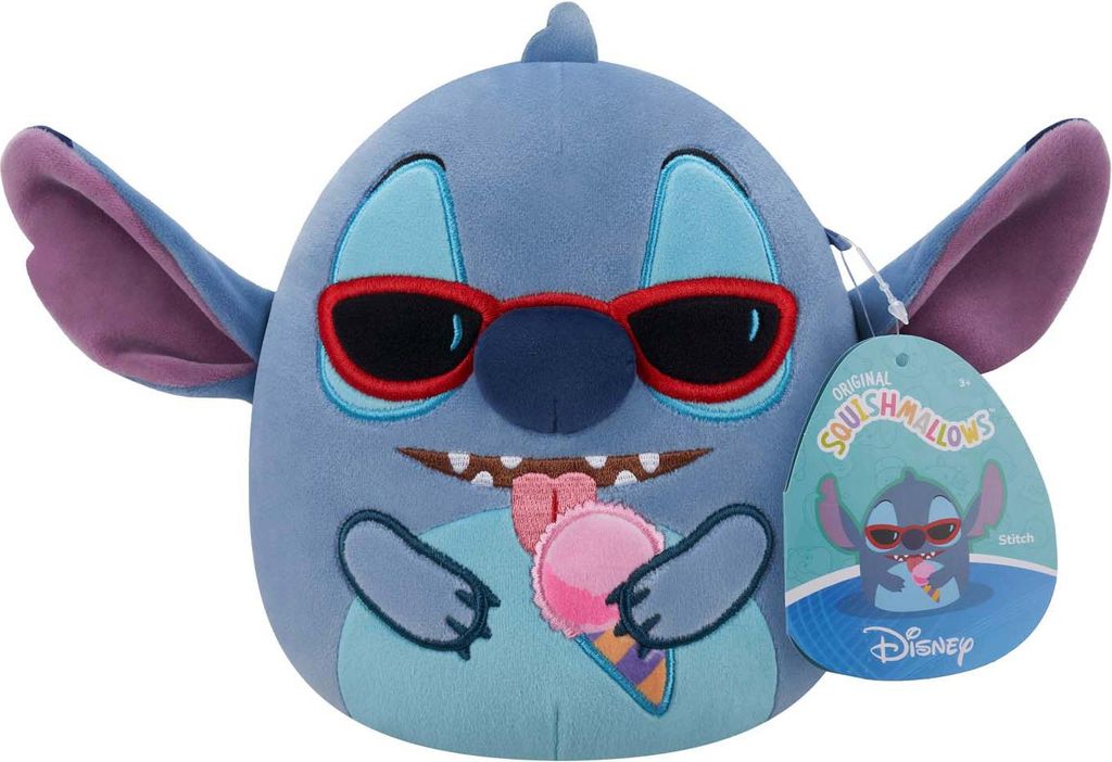 A plush toy of Stitch from Disney's Lilo & Stitch, wearing sunglasses and eating ice cream.