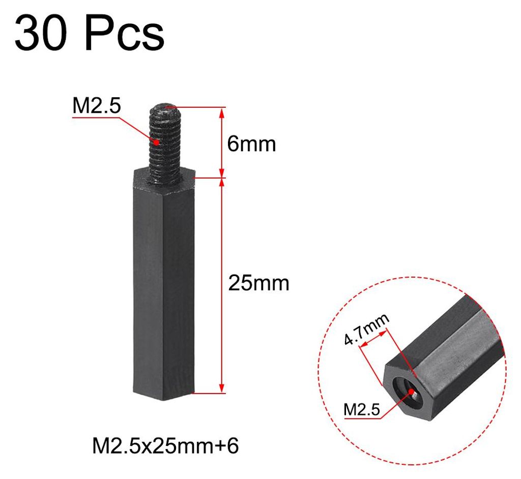 30Stk.M2,5x25mm+6mm Nylon PCB Hauptplatine Abstandshalter Schwarz