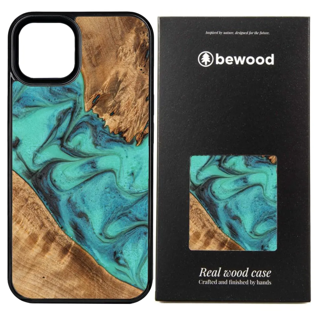 Cover iPhone 15 Pro Max Bewood Unique Turchese e Nero - Legno Vero