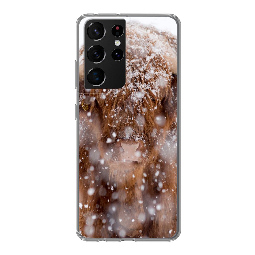 MuchoWow Handyhülle Schutzhülle Hülle für Samsung Galaxy S21 Ultra Schottischer Highlander - Hörner - Schnee Silikon Softcase Handy Hülle -...