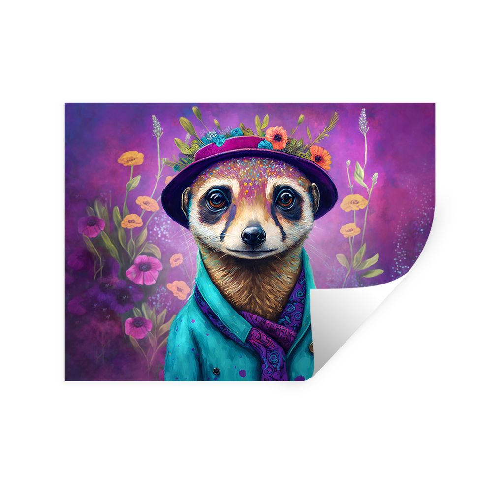 MuchoWow Wandtattoo Wandsticker Wandaufkleber Erdmännchen - Blumen - Farbe - Lila - Porträt - Erdmännchen 80x60 cm Selbstklebend und Repositio...