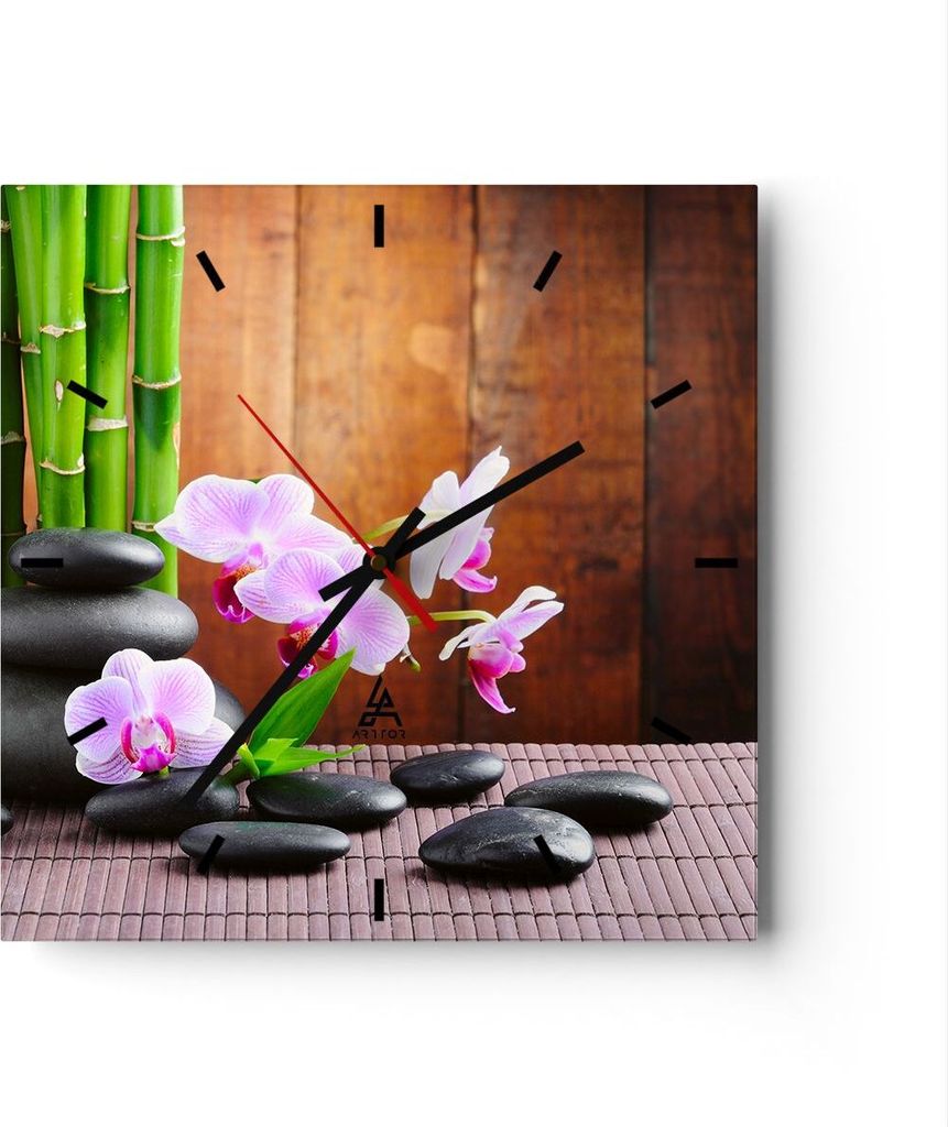 Wanduhr - Quadrat - Glasuhr - Bambus Dekoration Blume Orchidee - 30x30cm - Schleichendes Uhrwerk - Lautlos - zum Aufhängen bereit - Dekoration Mod...