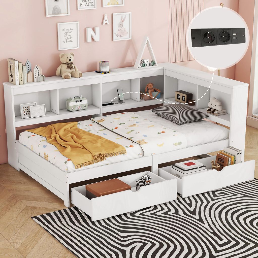 Flieks Holzbett Schlafsofa Tagesbett 90x200cm mit 2 Schubladen, Jugendbett Kinderbett mit Ladefuntion (USB & Steckdose), Einzelbett Daybett, Weiß