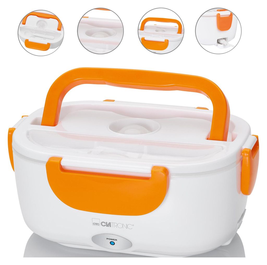 A white and orange electric lunchbox is shown from a slightly elevated front-facing angle against a white background. The lunchbox has a clear lid, orange handles, and orange latches. A small circular power indicator light is visible on the front.
