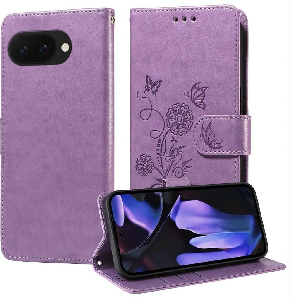Mobigear Flowers Google Pixel 9a Hülle Klapphülle Geldbörse - Lila