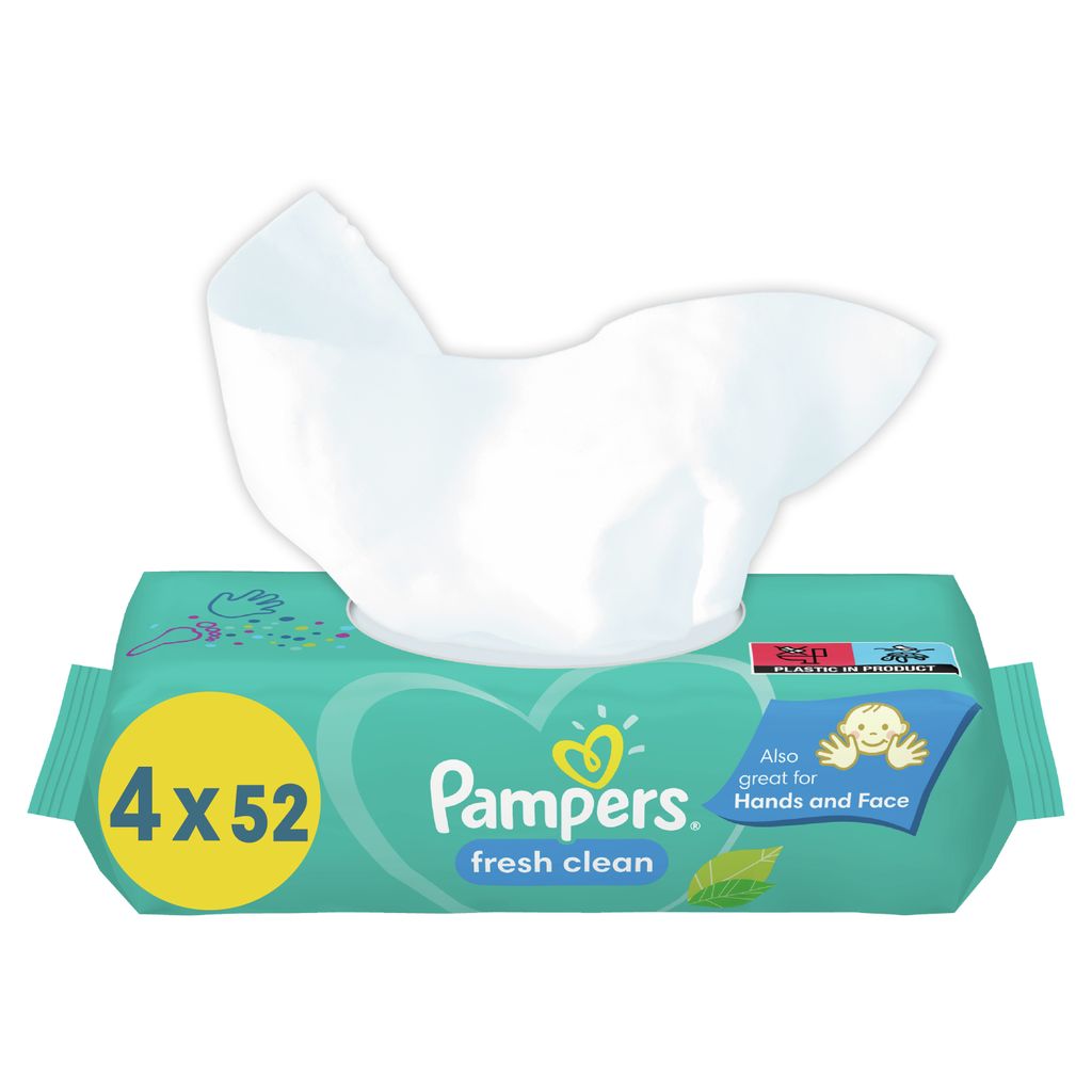 A pack of Pampers baby wipes with one wipe pulled out.