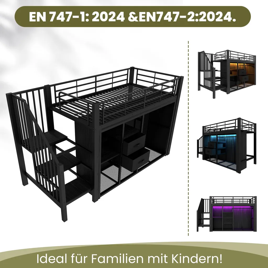 Lit Superposé 90x200 avec LED et Compartiments de Rangement Design Noir - 7
