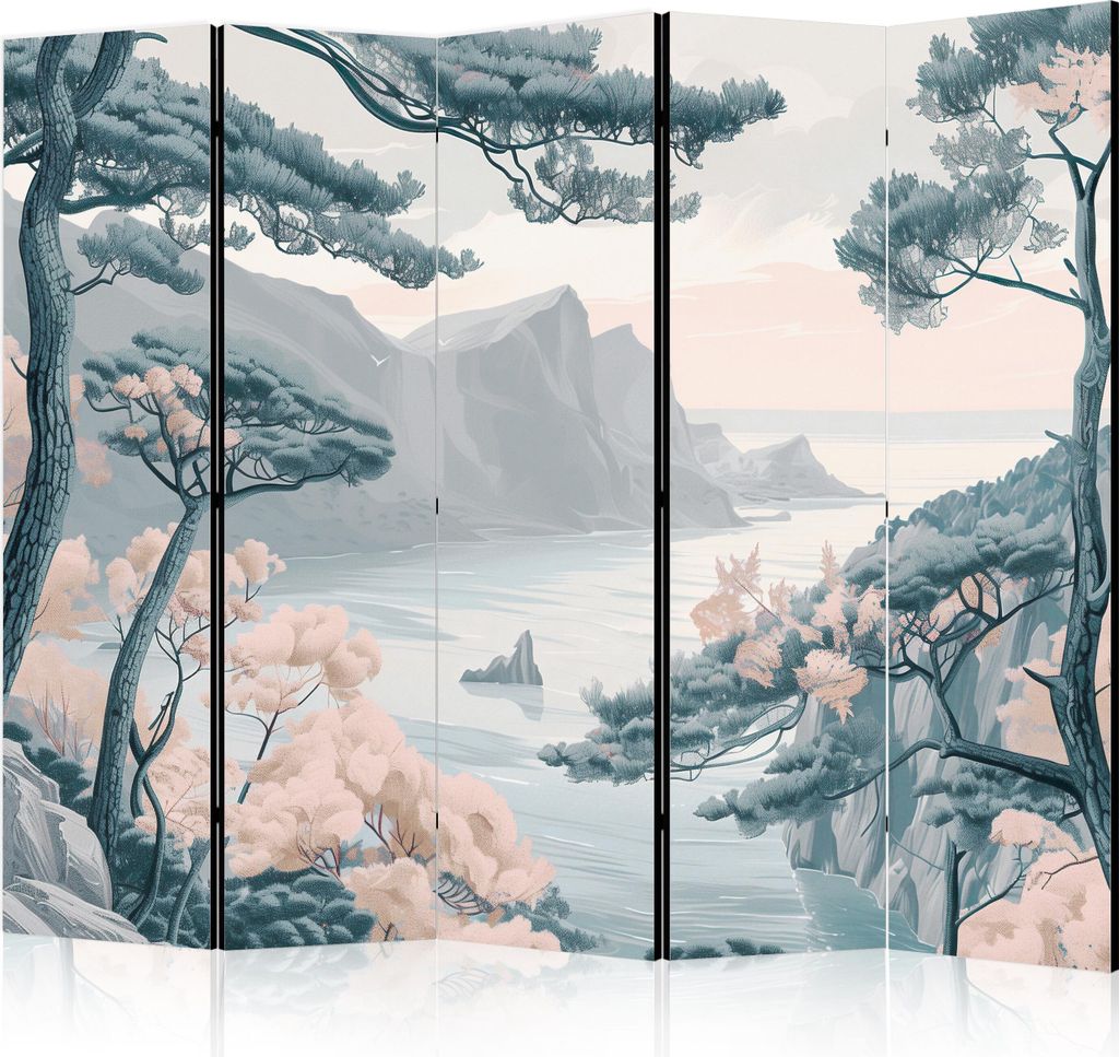 5-teiliger Doppelseitiger Vlies Paravent - Mountainous with Trees and Rocks - in Light Pastel Blues 225x172 cm c-H-10045-z-b