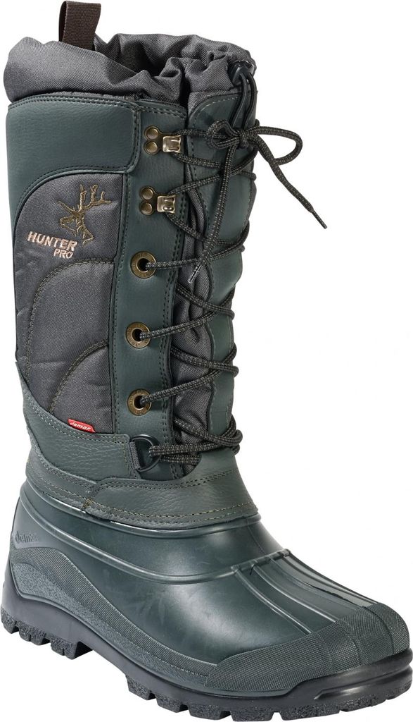 A single green winter boot is shown against a white background.