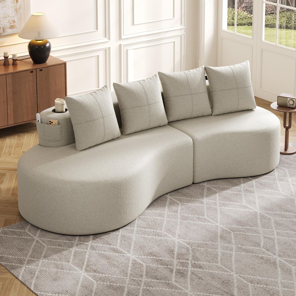 MODFU Leinenstoff-Sofa mit Tassenhalter & Seitentasche,Einzigartiges Design,Polstermöbel,Modulares Sofa mit 4 Kissen,für Wohnzimmer oder Balkon,B...