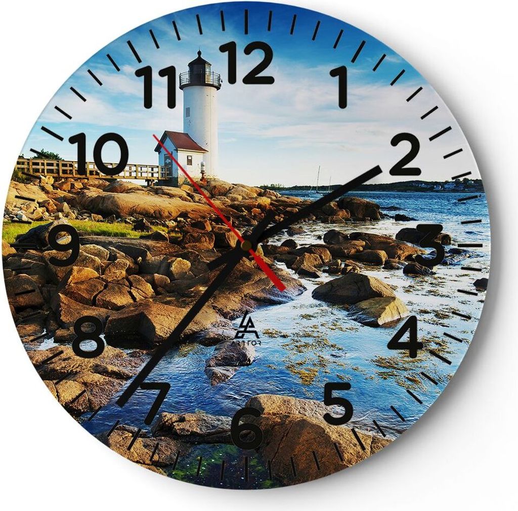 Wanduhr - Rund - Glasuhr - Leuchtturm Ufer Wolke Landschaft Produktbild 