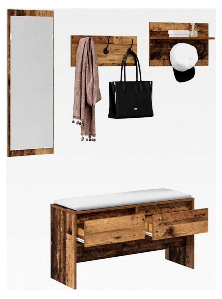 Flurmöbel-Set mit Schubladen 4-teilig Altholz Holzwerkstoff, eleganter Flur, robuste Aufbewahrungsbank, moderner Eingangsorganizer, funktionale Ga...