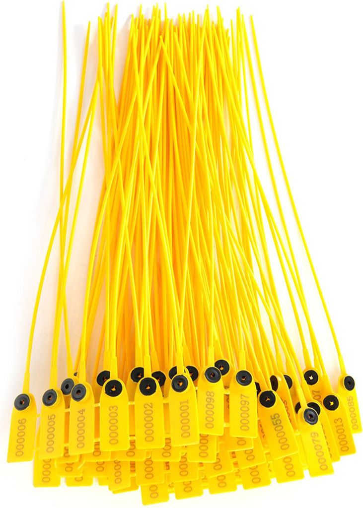 100pcs Gelb Paket Transport LKW Kunststoff Sicherheitssiegel 40cm Etikett Kabelbinder mit Nummer