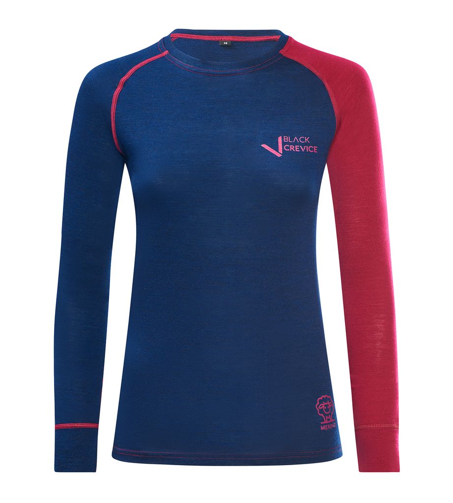 BLACK CREVICE - Damen Langarmshirt aus Merino Wolle | Funktionsunterwäsche | Base Layer | Farbe: Blau/Rot | Gr: 40