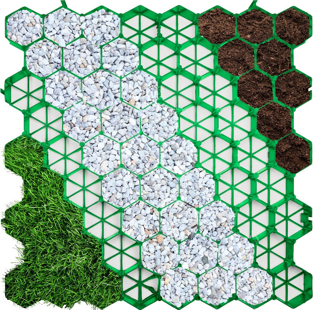 A top-down view of a green hexagonal grid filled with different materials: grass, gravel, and soil.