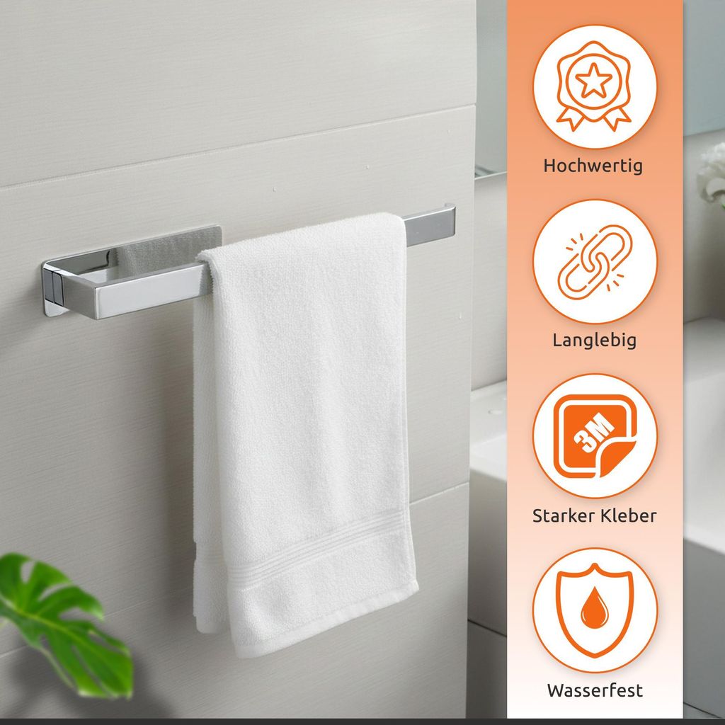 ECENCE Handtuchhalter ohne Bohren selbstklebend Chrom 38cm - moderne Handtuchstange aus Edelstahl m