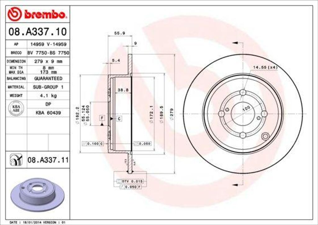BREMBO 08.A337.11 Bremsscheibe OE 4243102080 kompatibel mit Corolla