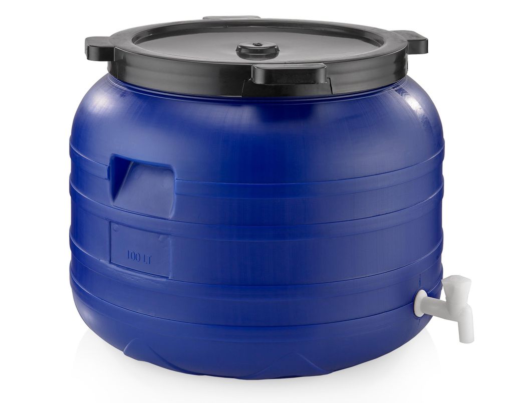 A blue plastic barrel with a black lid and a white tap is shown against a white background.