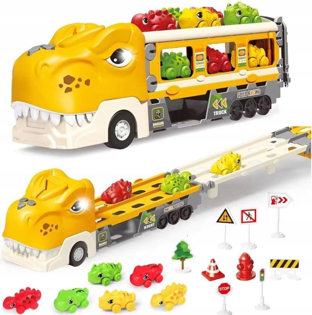 Dinosaurier Lkw Autos Rennstrecke Geräusche Lampen Verkehrszeichen Lernen