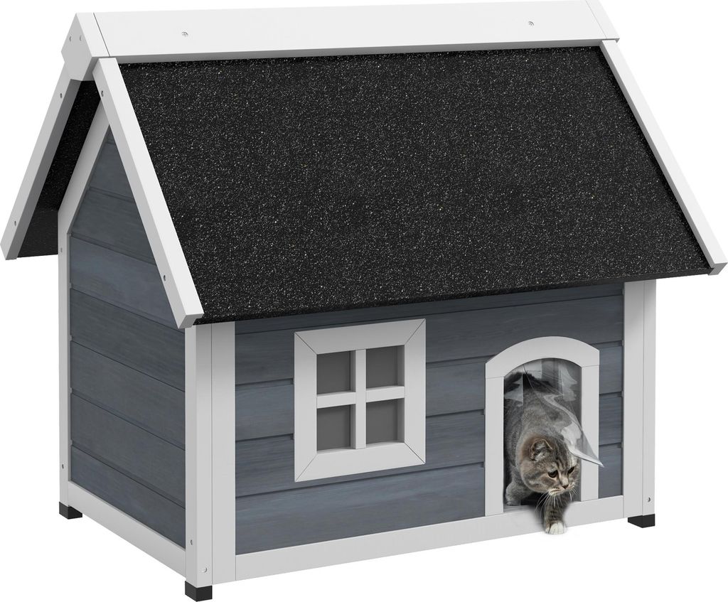 Katzenhaus. wetterfest. mit Fenster. 77x57.5x68cm (au?er Asphaltdach). Grau/Wei?/Schwarz