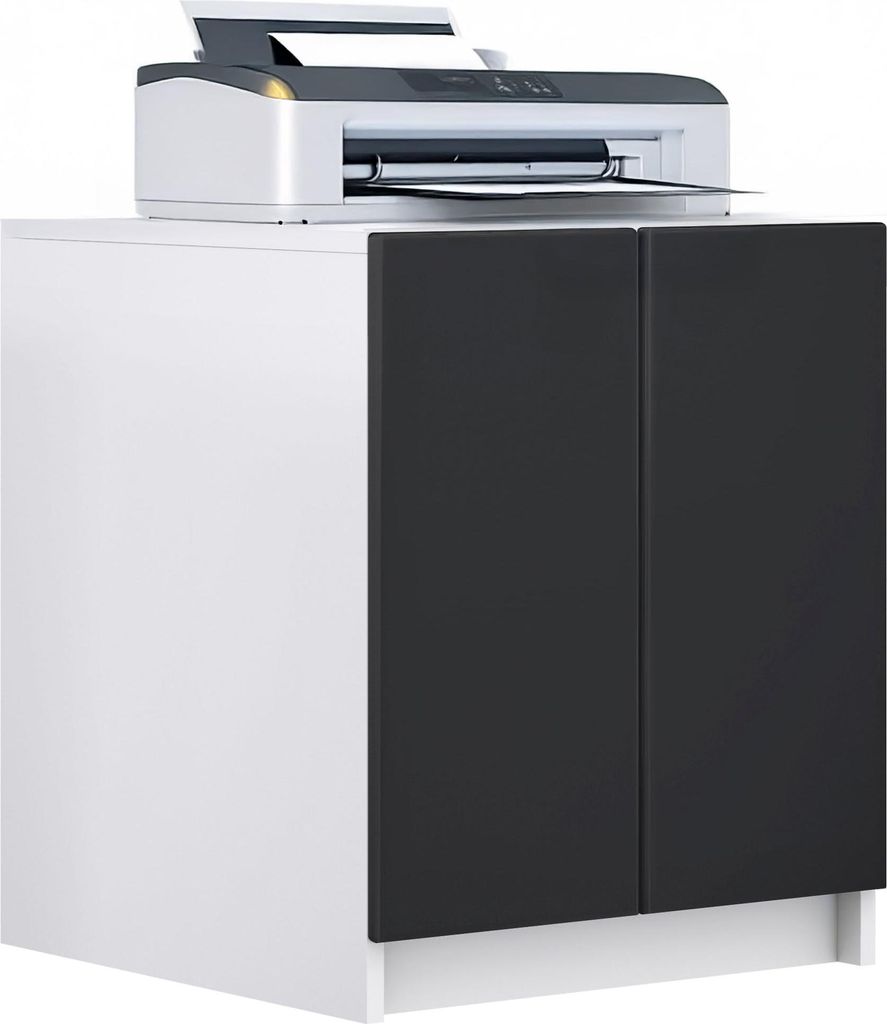 InnoFurn Druckerschrank Elona, Druckerkommode mit Soft-Close & Push-to-Open, Druckertisch, Büromöbel, Home Office, Weiß/Schwarz matt 51 x 60,5 x...