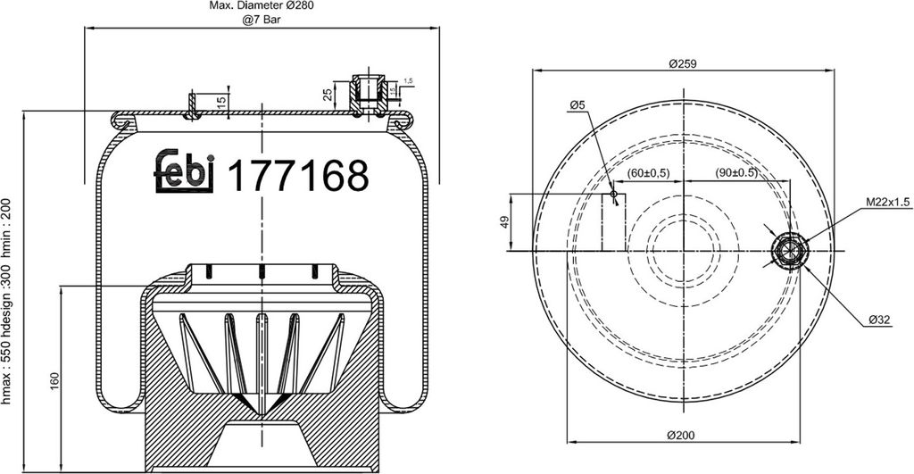 FEBI BILSTEIN Luftfederbalg Federbalg 177168 Hinten Links passend für MERCEDES-BENZ ACTROS MP4 / MP5 550mm 200mm 259mm 200mm