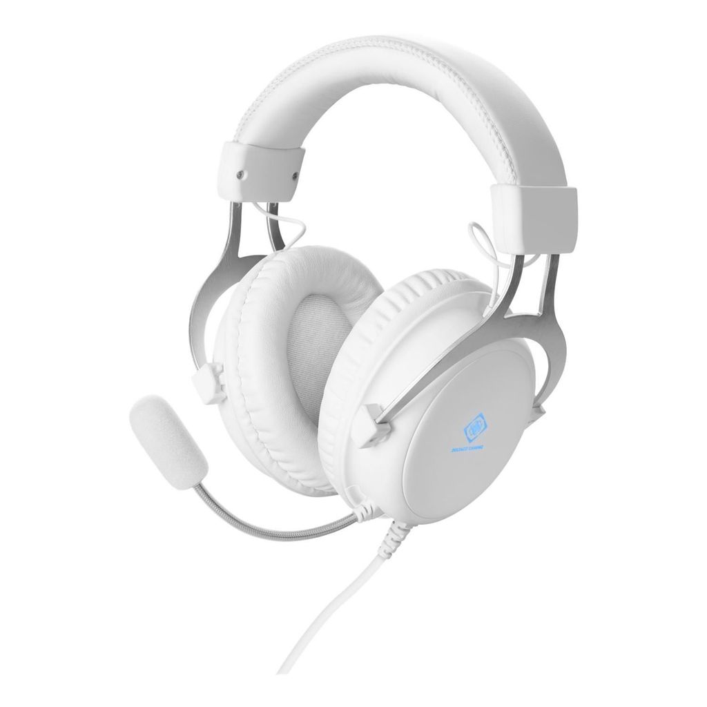 A white gaming headset with a microphone is shown against a white background.