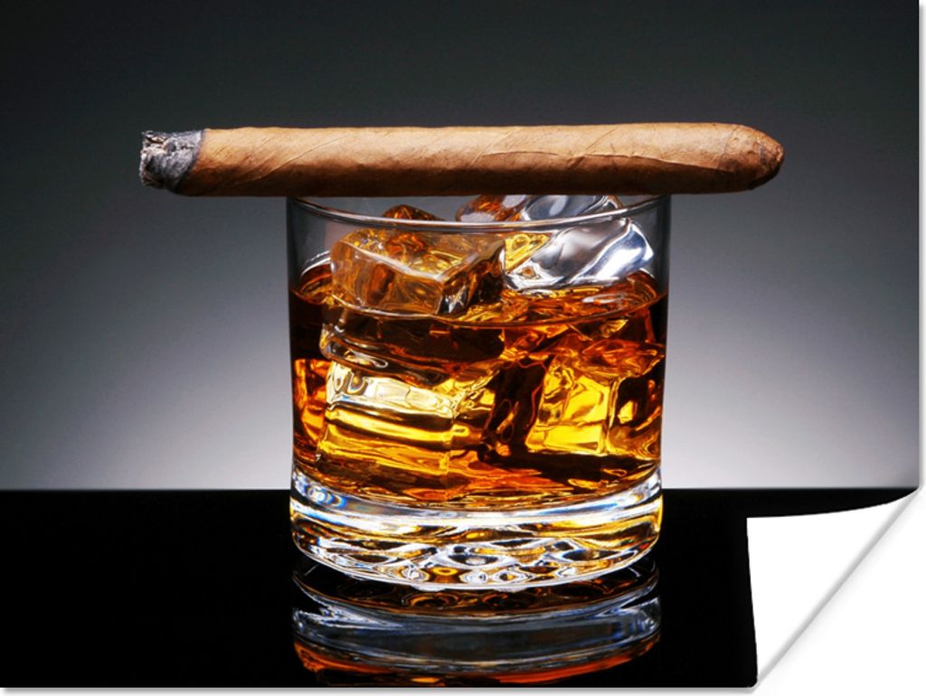 MuchoWow Poster Whiskey - Zigarre - Glas 120x90 cm - Wandbild