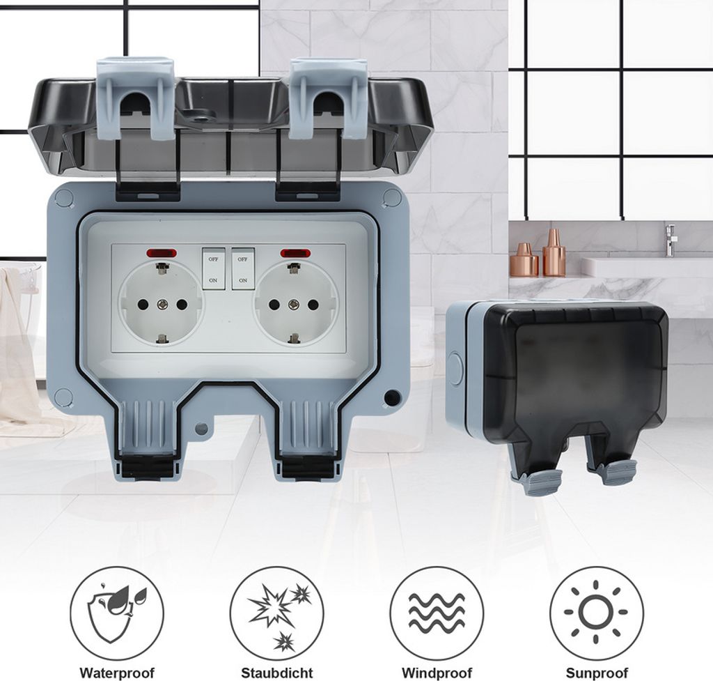 Fiqops Außensteckdose Staubdichte Steckdose Aufputz IP66 Hochleistungs-2-Wege-Schalter Außensteckdose für Außenbereiche Außenstecker Wandsteck...