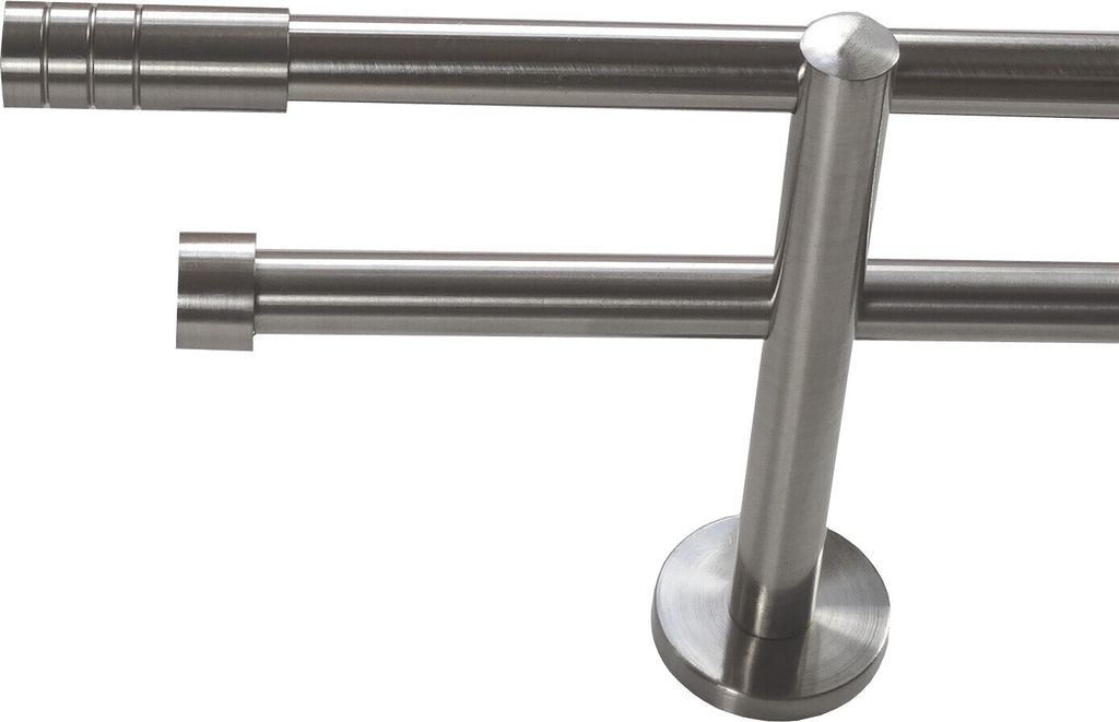 Gardinenstange Set Edelstahl Look Metall Ø 16mm zur Wandbefestigung 2-lauf Modern Zylinder nit Rillen, Länge wählbar H22 E28 E16