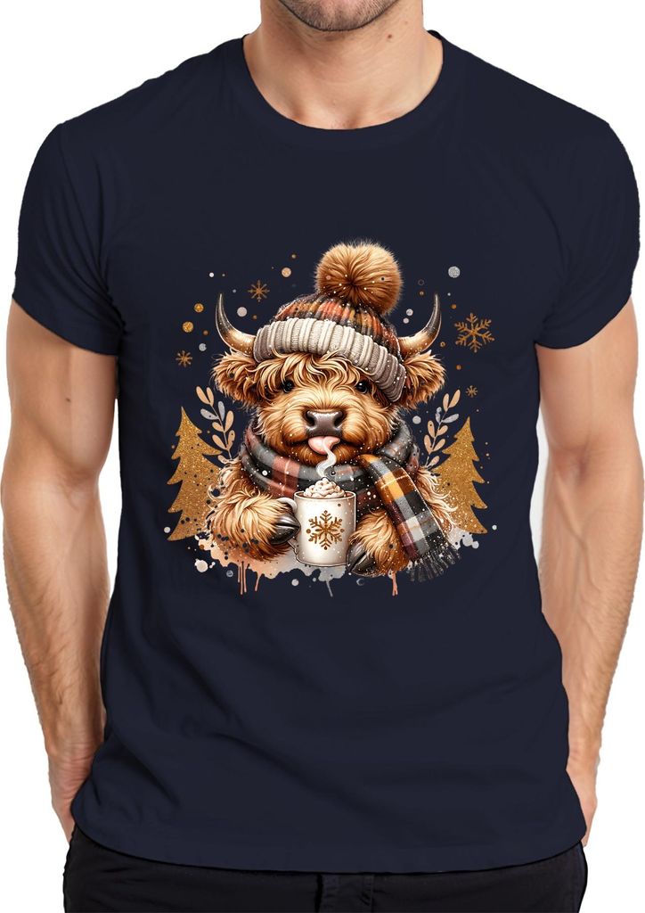 Highland Kuh Bommel Schal Becher Winter Weihnachten Geschenk Herren T-Shirt, Navy, M