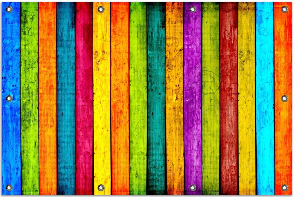Wallario Outdoor-Poster für Garten oder Balkon, Motiv Buntes Holz - bunte Streifen mit Farbe und Holzstruktur, in ca. 80 x 120 cm