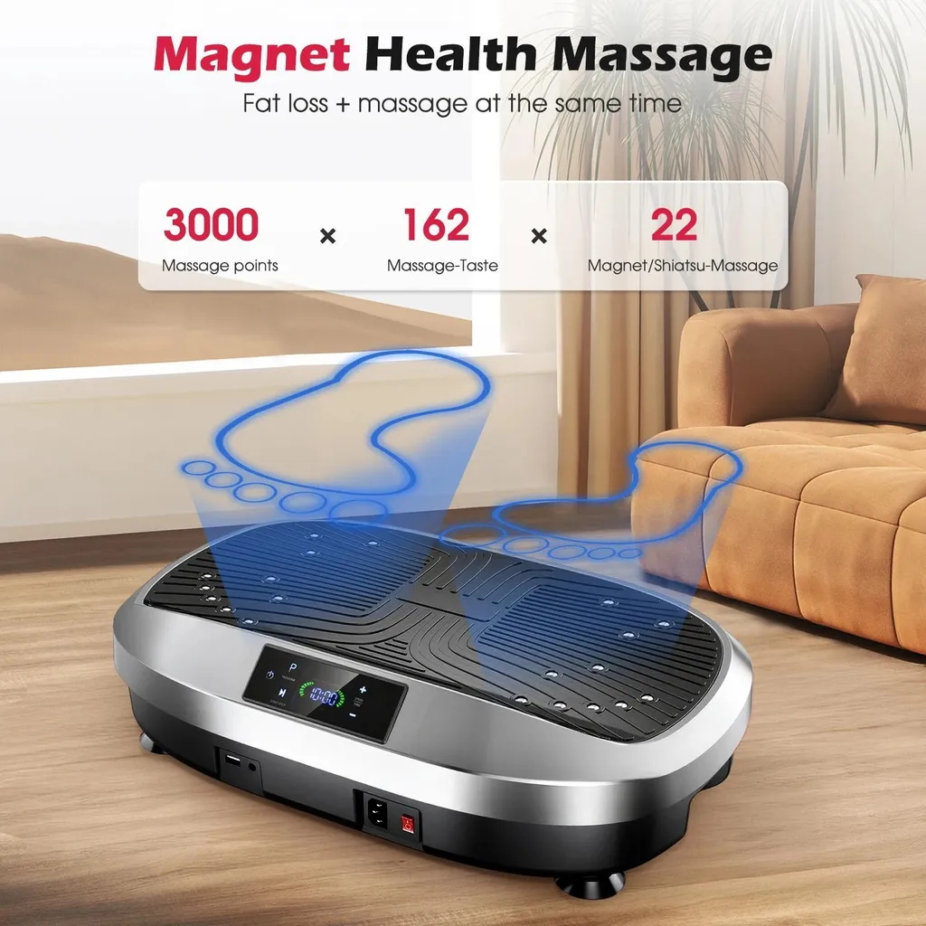 Plateforme Vibrante Fitness 4D – 120 Niveaux, 18 Programmes, Massage Magnétique, Télécommande, écran LED, 4 Ventouses, Silencieuse