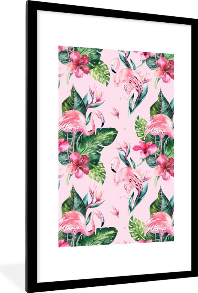 MuchoWow MuchoWow Gerahmtes Poster Blumen - Flamingo - Pflanzen 60x90 cm - Poster mit zchwarzem Bilderrahmen - Dekoration - Wandposter Wohnzimm...