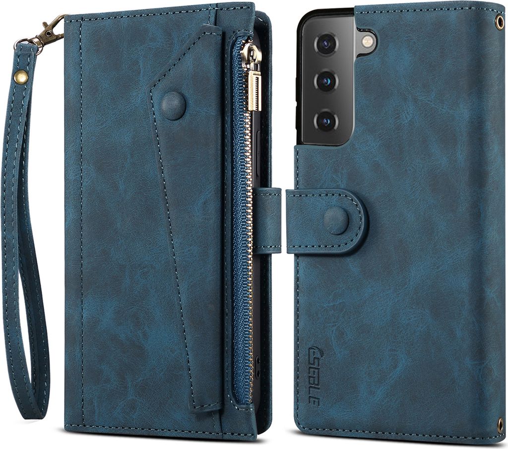 Schutzhülle für Samsung Galaxy S21 Plus 5G Reißverschluss Hülle, Leder Klapphülle Kartenfach Standfunktion Brieftasche mit Trageband Blau