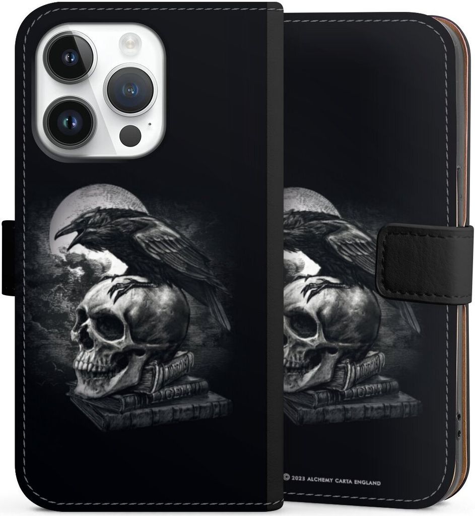 DeinDesign Klapphülle für Apple iPhone 14 Pro Handytasche Lederhülle Tasche Rabe Schädel Totenköpfe