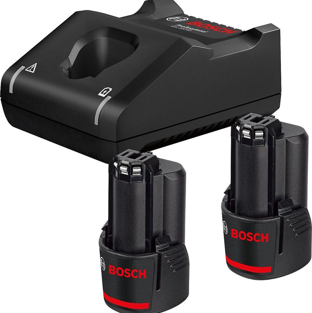 A black Bosch battery charger and two black Bosch batteries are shown against a white background.
