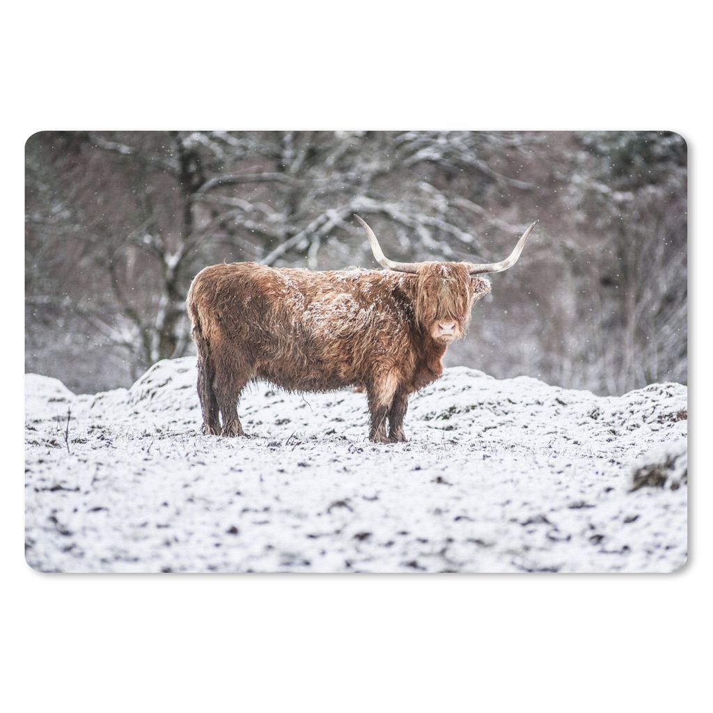 MuchoWow Mauspad Mousepad Schottischer Highlander - Baum - Schnee 27x18 cm - Mousepads - Maus Mat - Pad - Mausunterlage - Büroartikel - Desk Matten